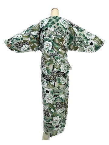 二部式着物(ゴムスカート) 袷 牡丹 緑画像