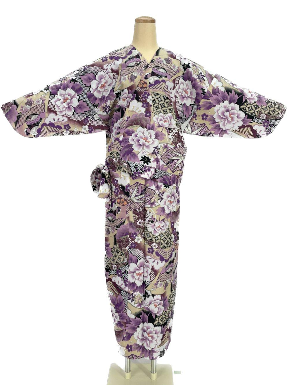 二部式着物(ゴムスカート) 袷 牡丹 紫画像
