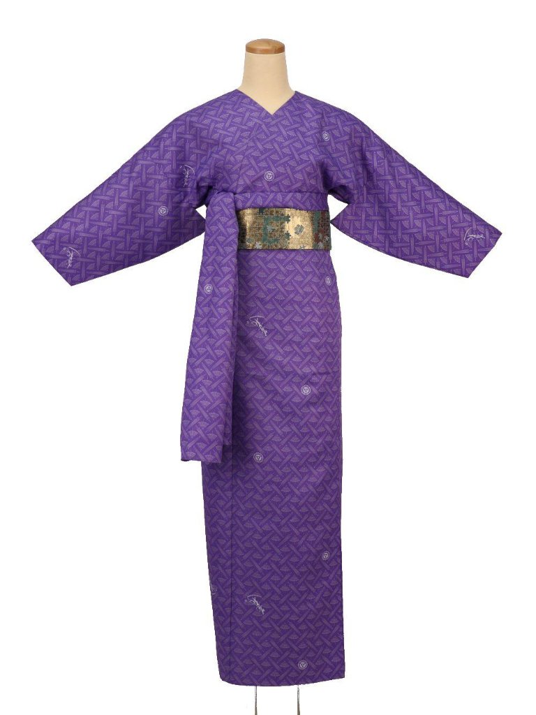 小袖着物（衿なし）＋帯＋ショール ３点セット(忘傘）紫の画像
