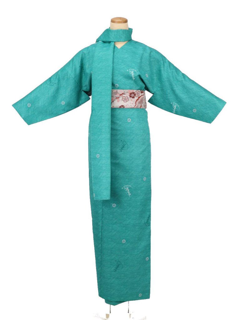小袖着物（衿なし）＋帯＋ショール ３点セット(立浪）緑の画像