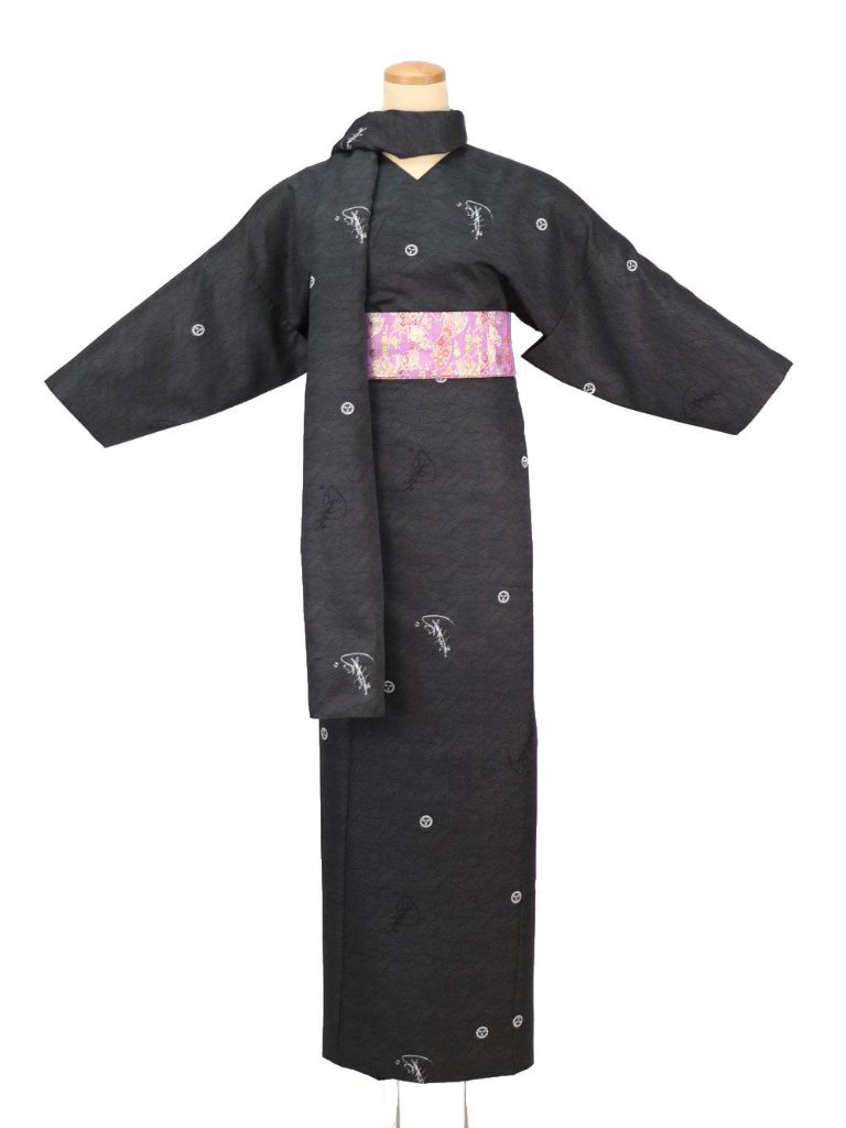 小袖着物（衿なし）＋帯＋ショール ３点セット(立浪）黒の画像