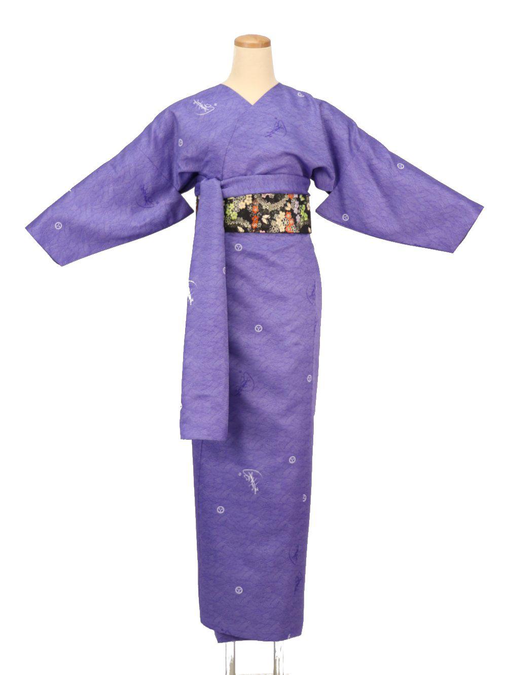 小袖着物（衿なし）＋帯＋ショール ３点セット(立浪）紫画像