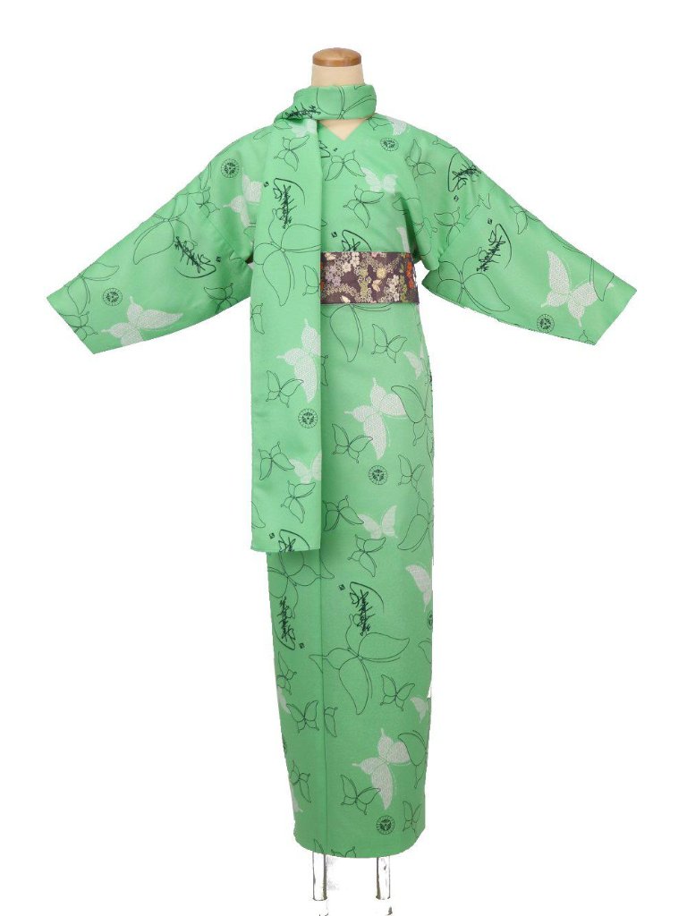 小袖着物（衿なし）＋帯＋ショール ３点セット(甚蝶）黄緑の画像