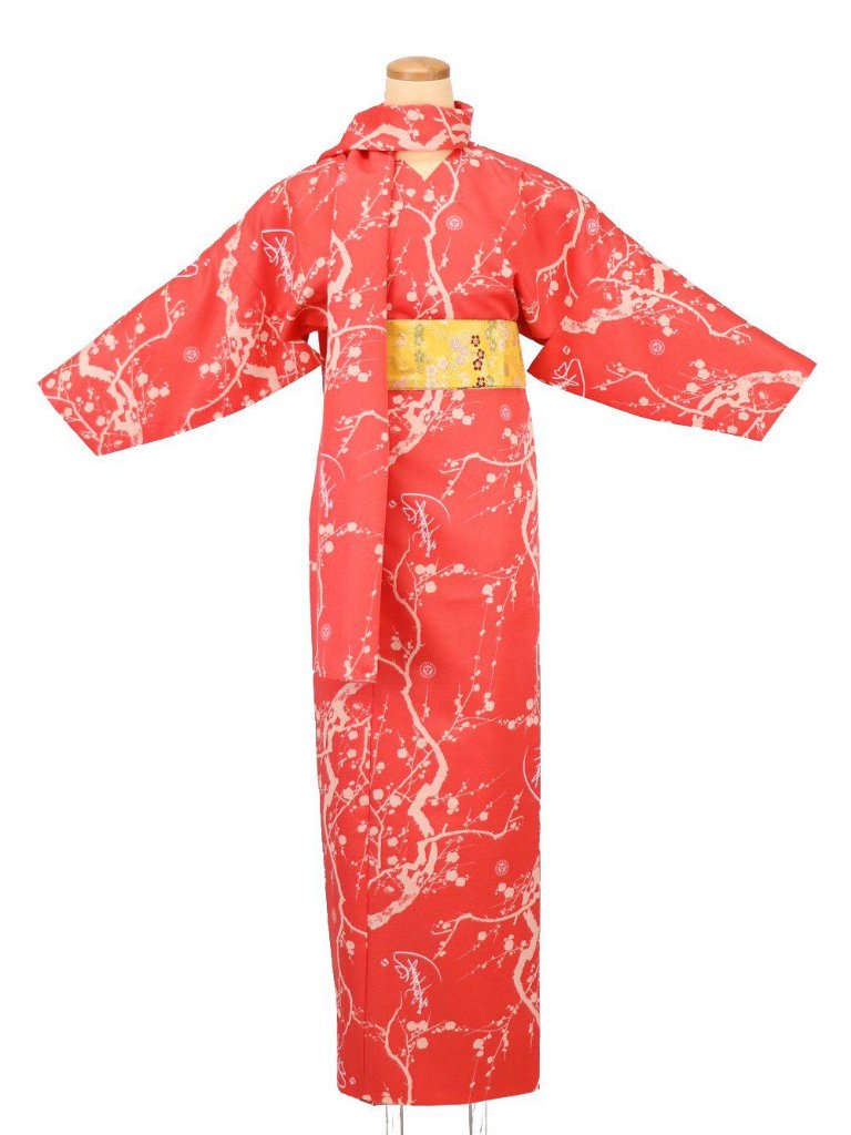 小袖着物（衿なし）＋帯＋ショール ３点セット(丸梅）朱の画像