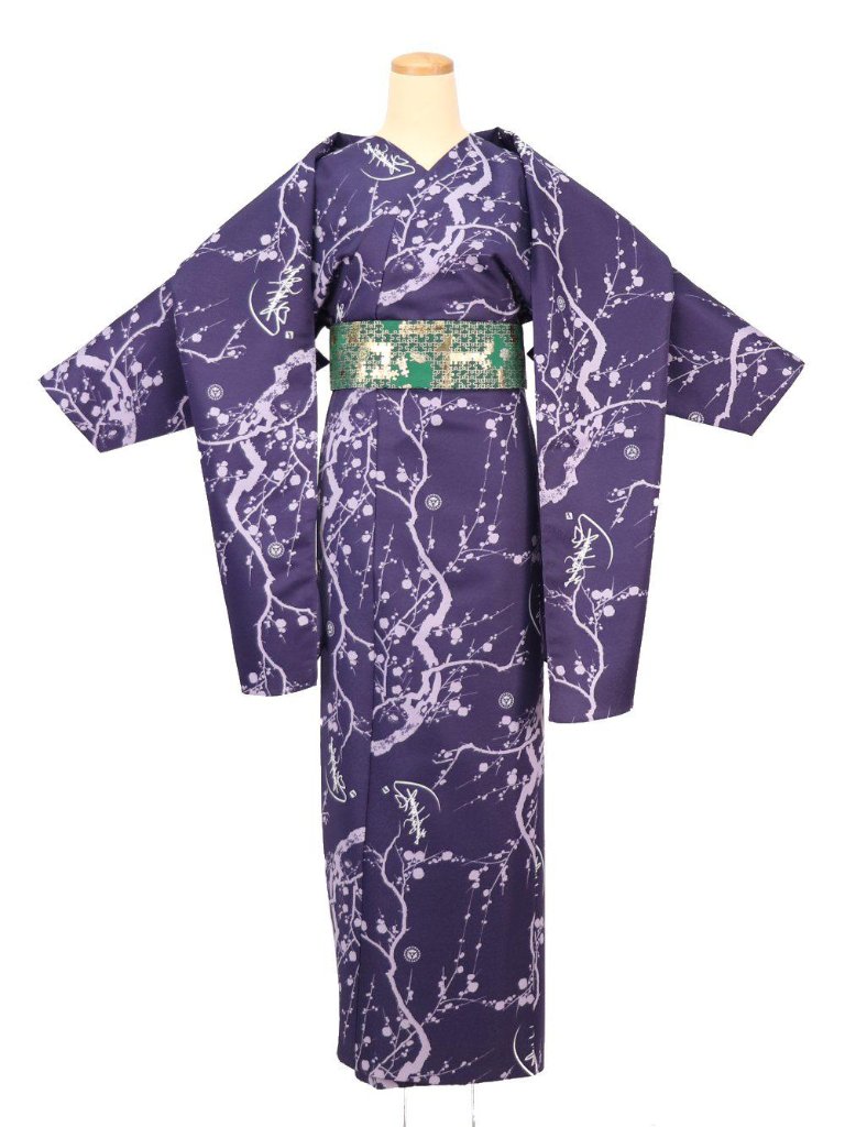 小袖着物（衿なし）＋帯＋ショール ３点セット(丸梅）紫の画像