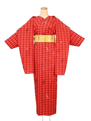 小袖着物（衿なし）＋帯＋ショール ３点セット(菊紋）赤画像