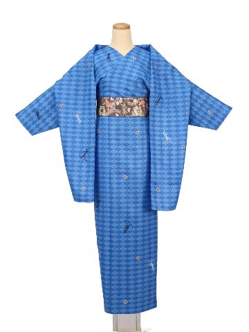 小袖着物（衿なし）＋帯＋ショール ３点セット(菊紋）青画像