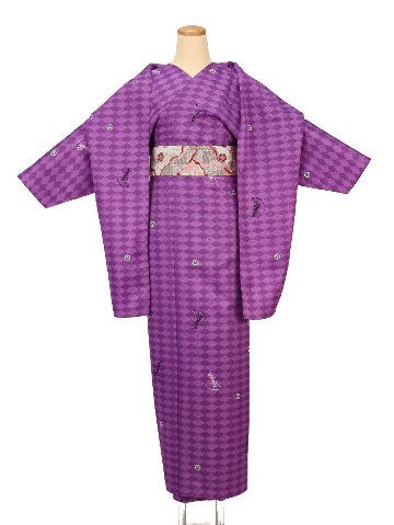 小袖着物（衿なし）＋帯＋ショール ３点セット(菊紋）紫画像