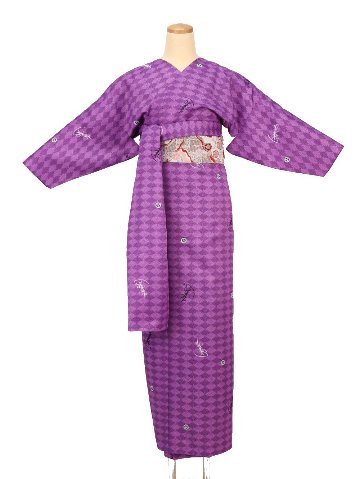 小袖着物（衿なし）＋帯＋ショール ３点セット(菊紋）紫画像