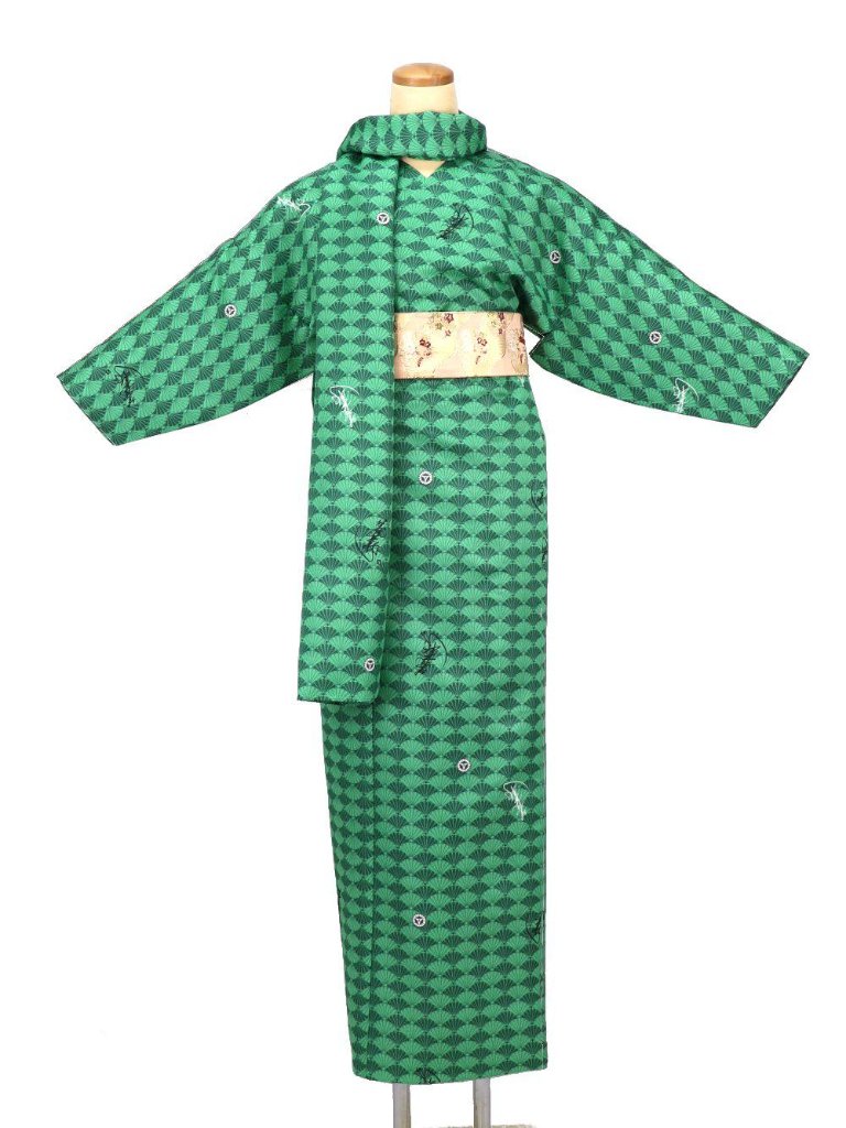 小袖着物（衿なし）＋帯＋ショール ３点セット(菊紋）緑の画像