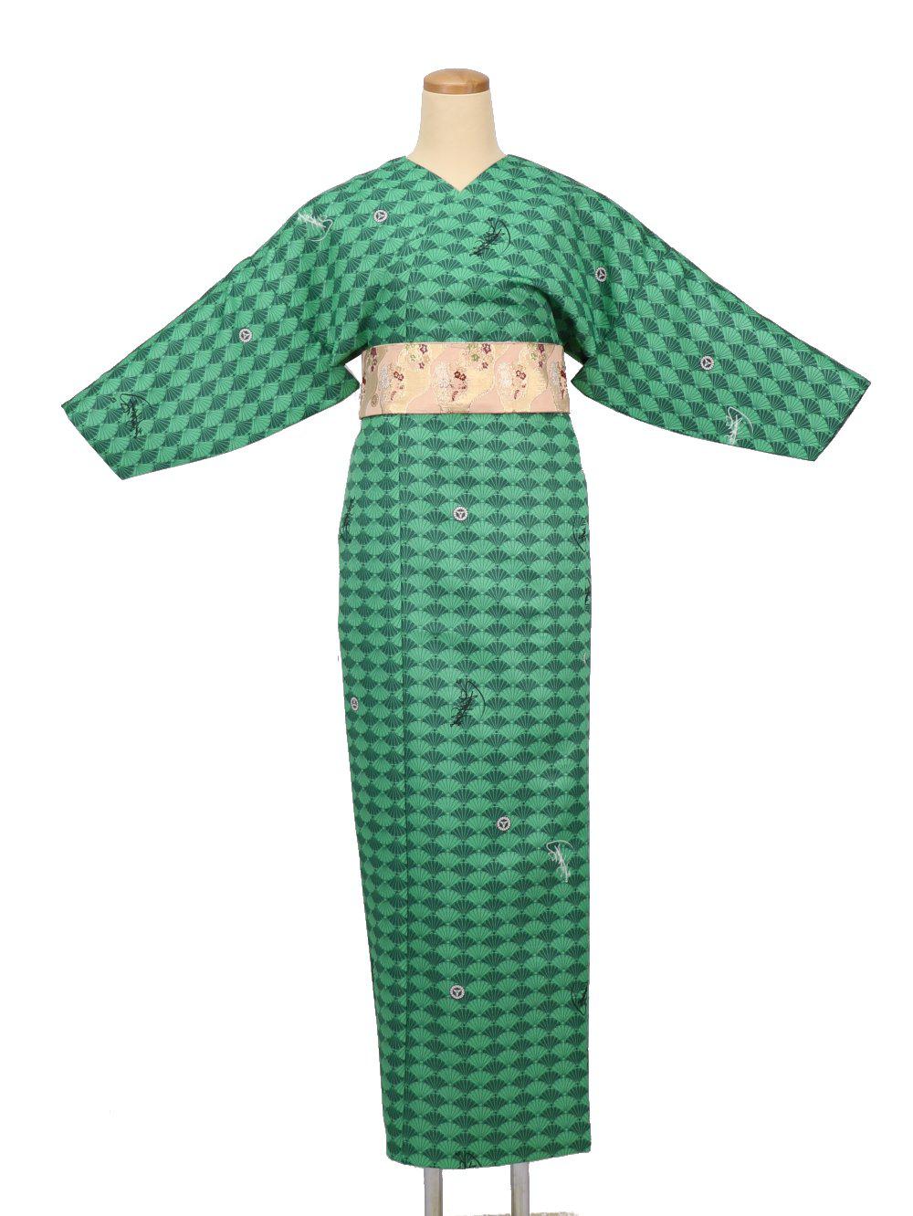 小袖着物（衿なし）＋帯＋ショール ３点セット(菊紋）緑画像