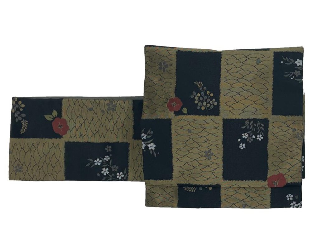 仕立屋甚五郎　お太鼓帯　造り帯　付け帯 ネイビー グレー 花柄刺繍　Sサイズ 仕立屋甚五郎 お太鼓帯 造り帯 付け帯 ネイビー グレー 花柄刺繍