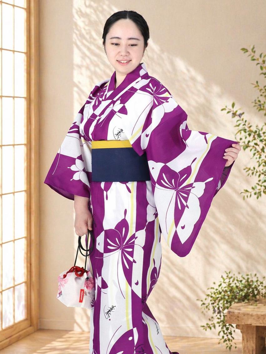 帯が選べる! (衿あり) 浴衣〈いろは蝶/紫〉　※浴衣単品 ¥13,200の画像