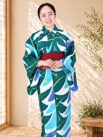 帯が選べる! (衿あり) 浴衣〈月ほたる/緑〉　※浴衣単品 ¥13,200の画像