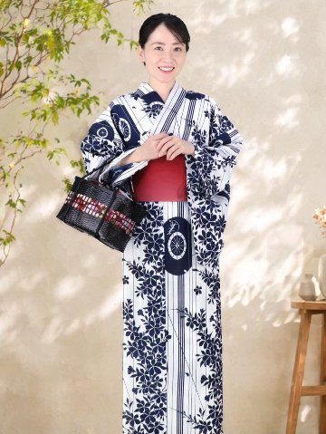 帯が選べる! (衿あり) 浴衣〈舞傘/紺〉　※浴衣単品 ¥13,200の画像
