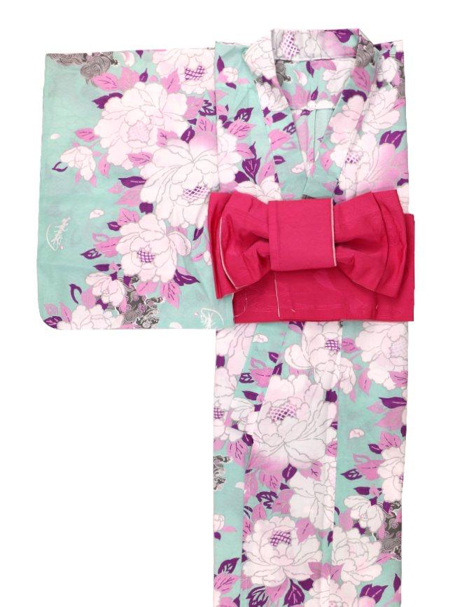 帯が選べる! (衿あり) 浴衣〈華牡丹/薄緑〉　※浴衣単品 ¥13,200の画像