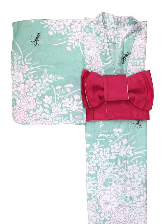 帯が選べる! (衿あり) 浴衣〈夢小菊/薄緑〉　※浴衣単品 ¥13,200画像