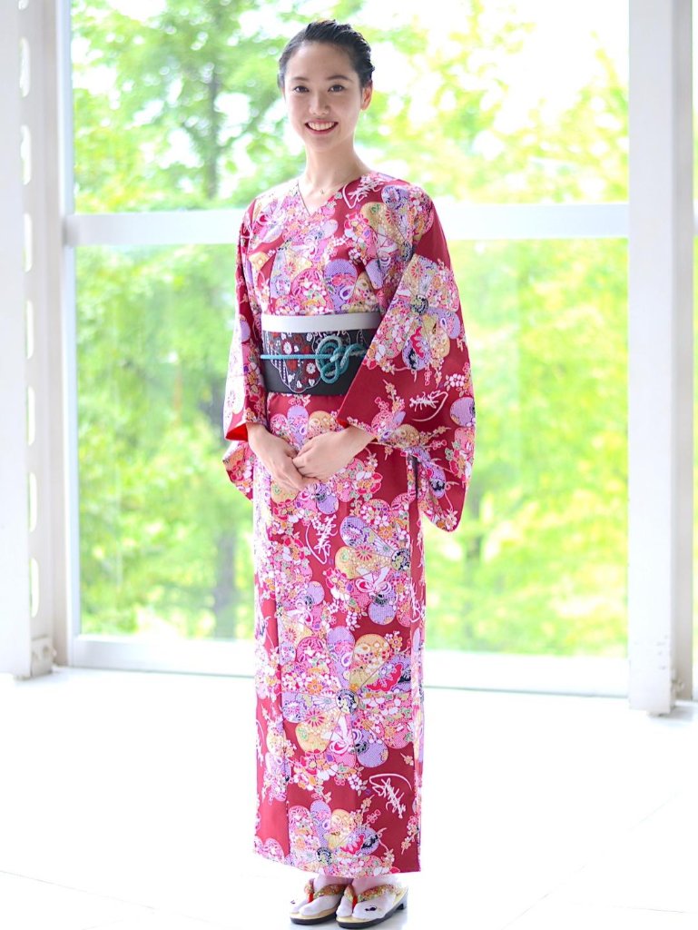 衿なし着物(リボン帯付き) [百花繚乱 エンジ] ※着物単品 ¥19,800の画像