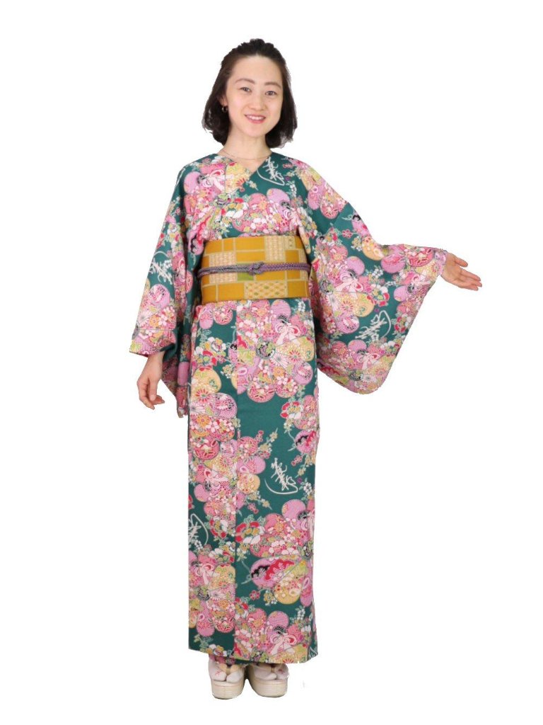 衿なし着物(リボン帯付き) [百花繚乱 緑] ※着物単品 ¥19,800の画像
