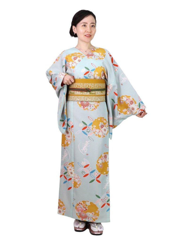 衿なし着物(リボン帯付き) [花雪輪 薄緑] ※着物単品 ¥19,800の画像