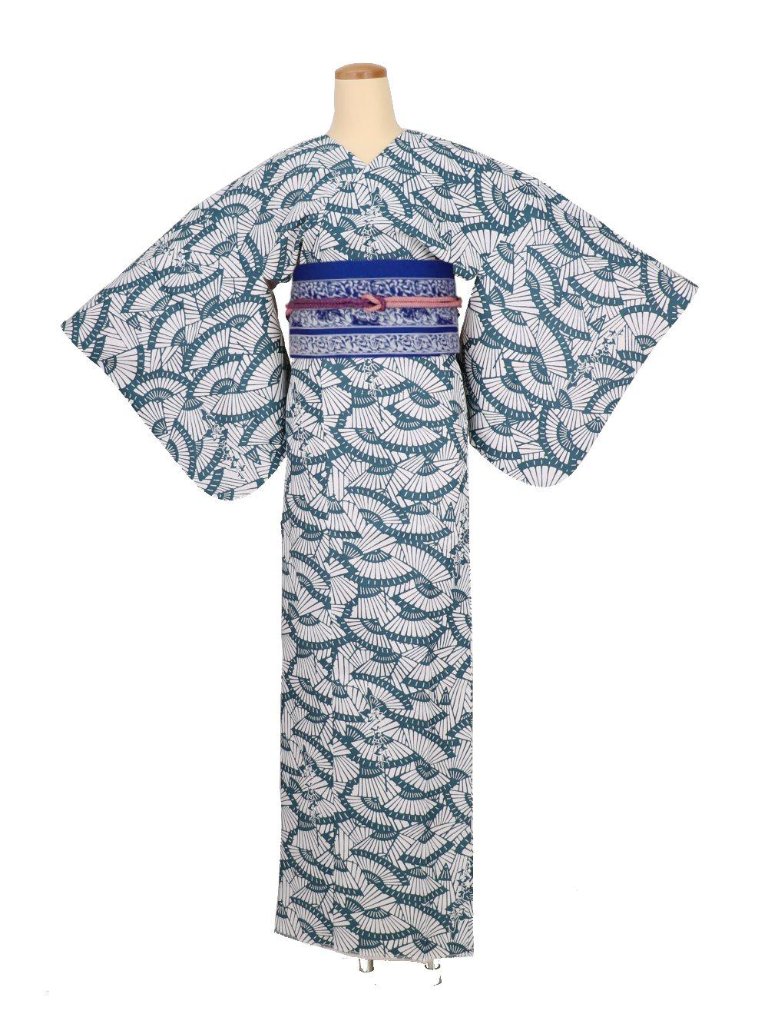 衿なし着物(リボン帯付き) [扇子 青系] ※着物単品 ¥21,863の画像