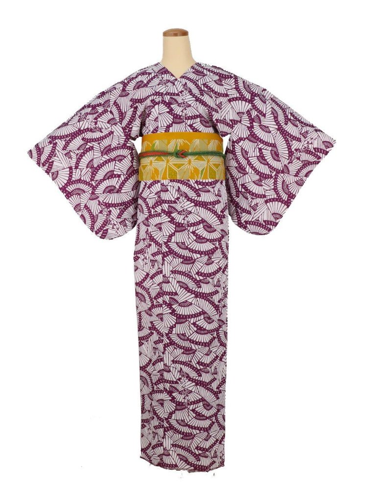 衿なし着物(リボン帯付き) [扇子 紫] ※着物単品 ¥21,863の画像