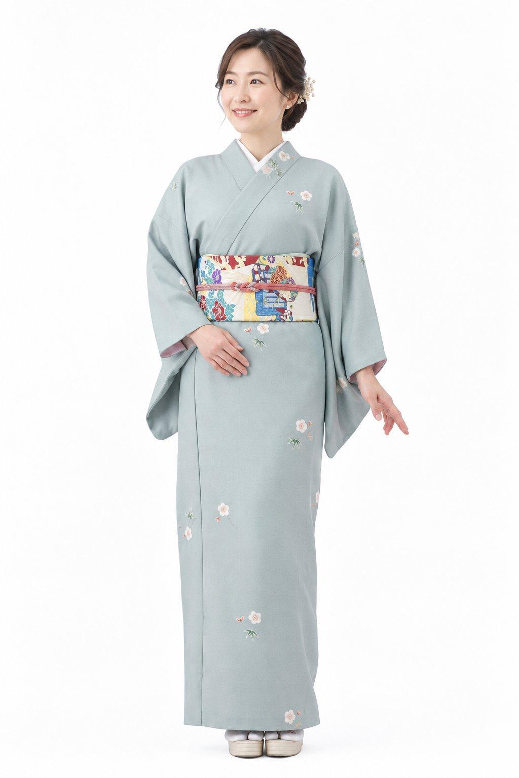 衿付き着物(お太鼓帯付)  [福寿梅 薄い緑青 2-A] ※着物単品 23,100円の画像