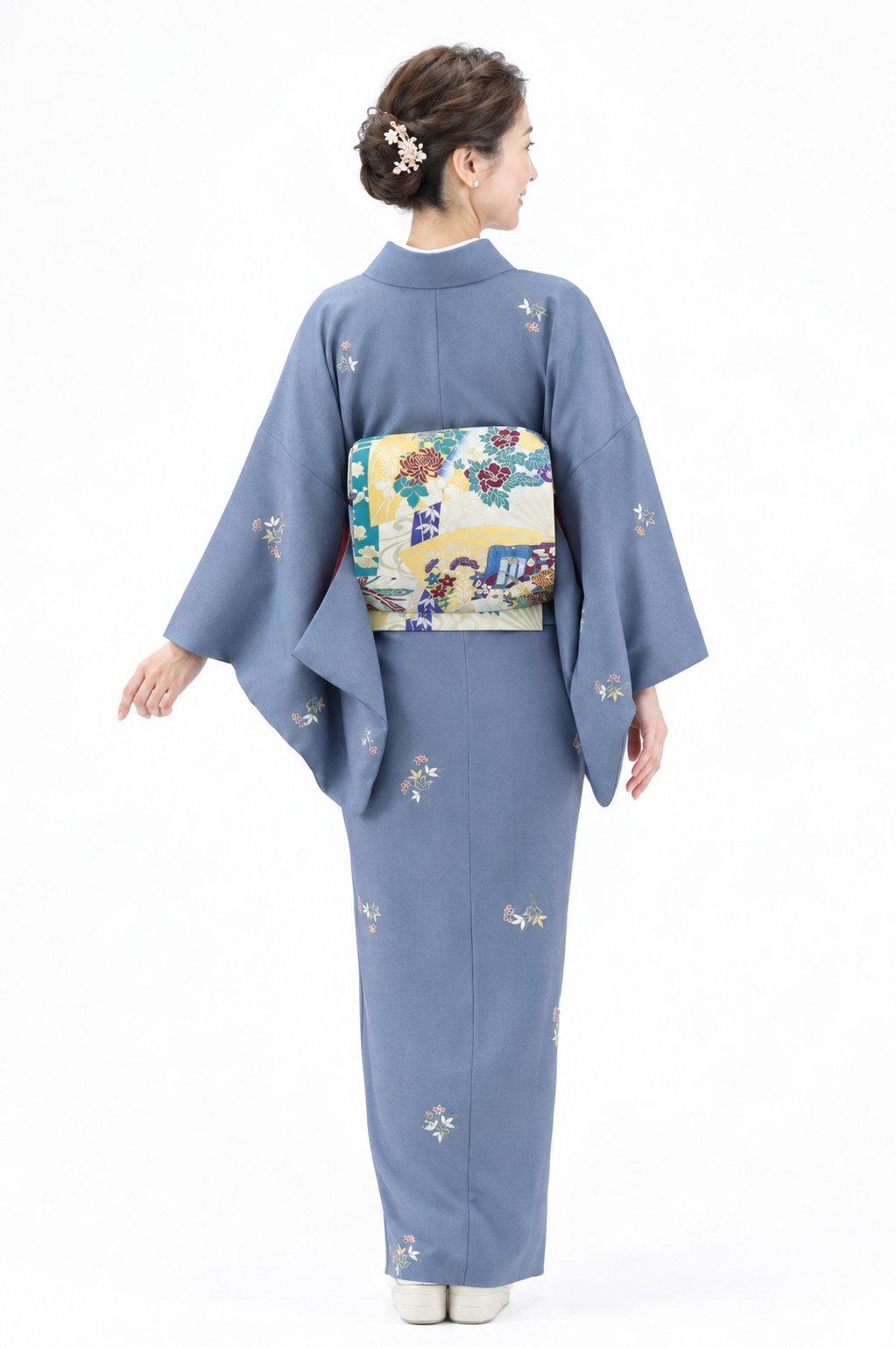衿付き着物(お太鼓帯付)  [お多福南天 青藤 6-A] ※着物単品 23,100円の画像