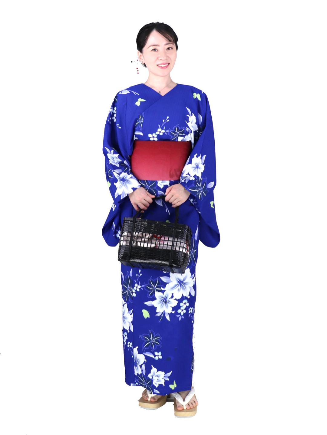 帯が選べる! (衿なし) 浴衣〈清らか花々と蝶/青〉　※浴衣単品 ¥13,200の画像