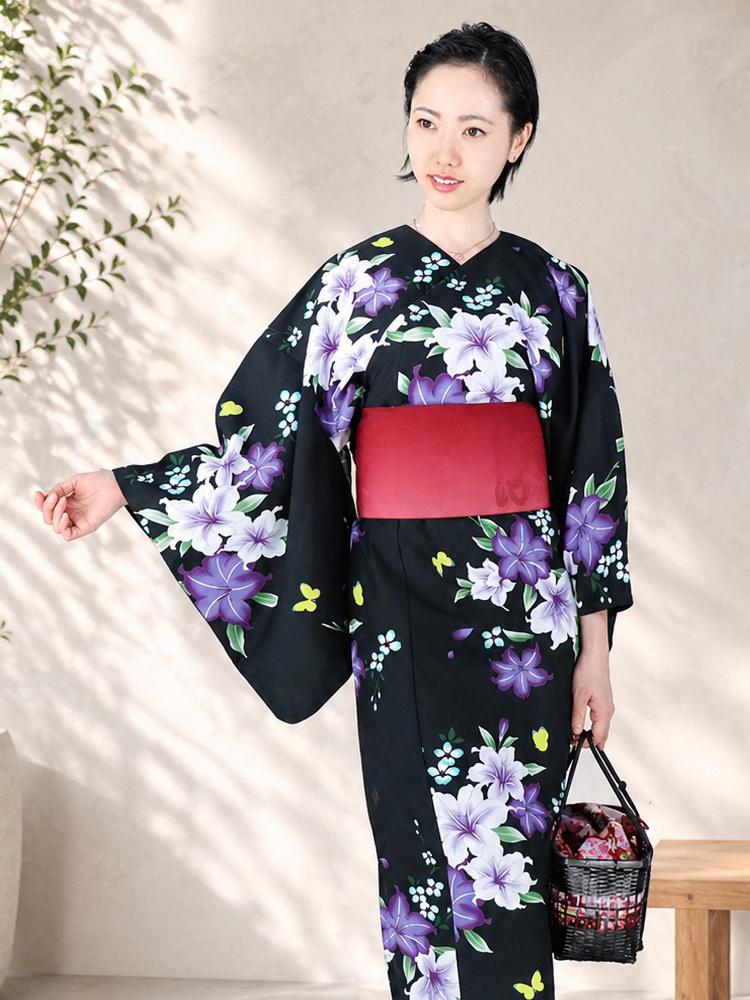 帯が選べる! (衿なし) 浴衣〈清らか花々と蝶/黒〉　※浴衣単品 ¥13,200の画像
