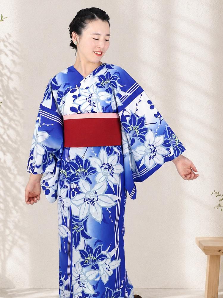 帯が選べる! (衿なし) 浴衣〈華麗なゆり/青〉　※浴衣単品 ¥13,200の画像