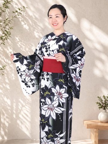 帯が選べる! (衿なし) 浴衣〈華麗なゆり/黒〉　※浴衣単品 ¥13,200の画像