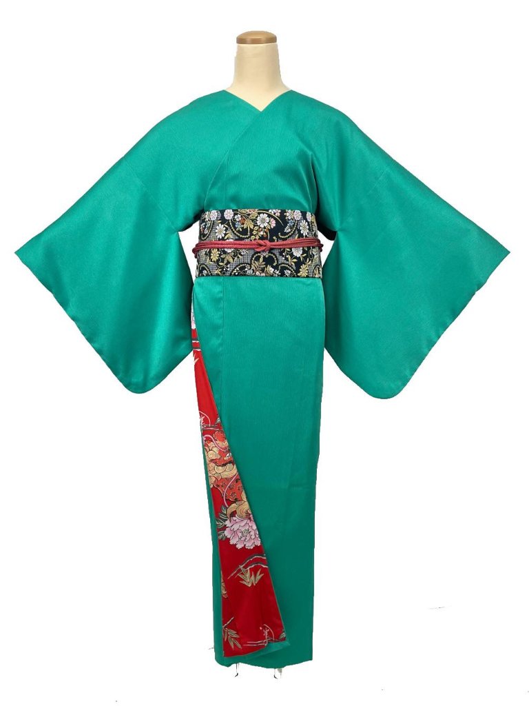 【日本製】最高級色無地着物 衿なし あおみどり色 [317]の画像