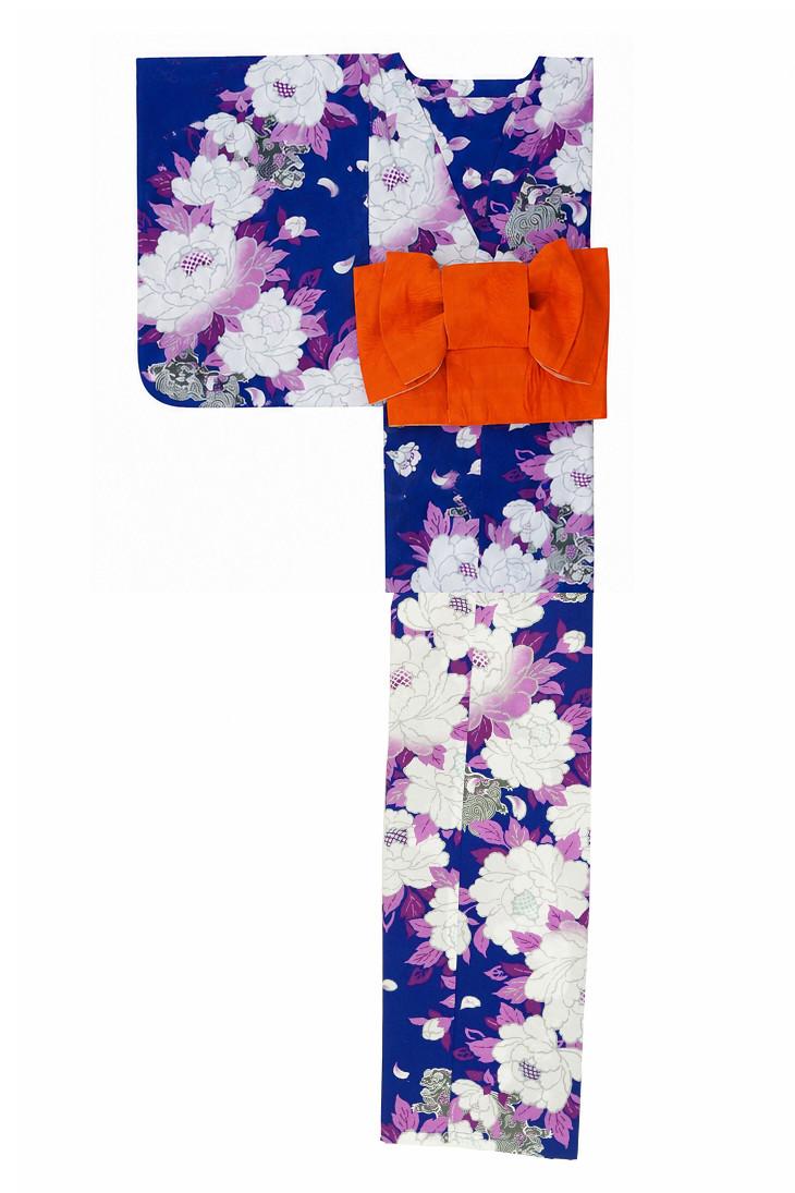 帯が選べる! (衿なし) 浴衣〈華牡丹/紺色〉　※浴衣単品 ¥13,200の画像