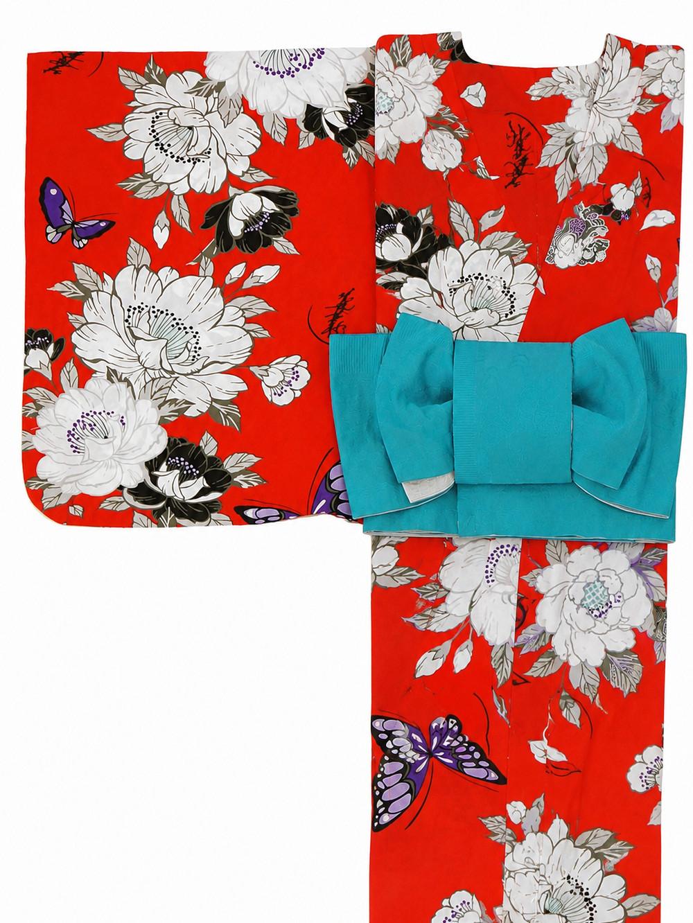 帯が選べる! (衿なし) 浴衣〈華蝶/赤〉　※浴衣単品 ¥13,200の画像
