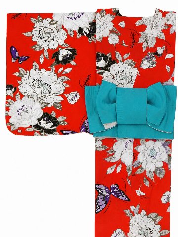 帯が選べる! (衿なし) 浴衣〈華蝶/赤〉　※浴衣単品 ¥13,200の画像