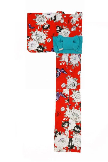帯が選べる! (衿なし) 浴衣〈華蝶/赤〉　※浴衣単品 ¥13,200の画像