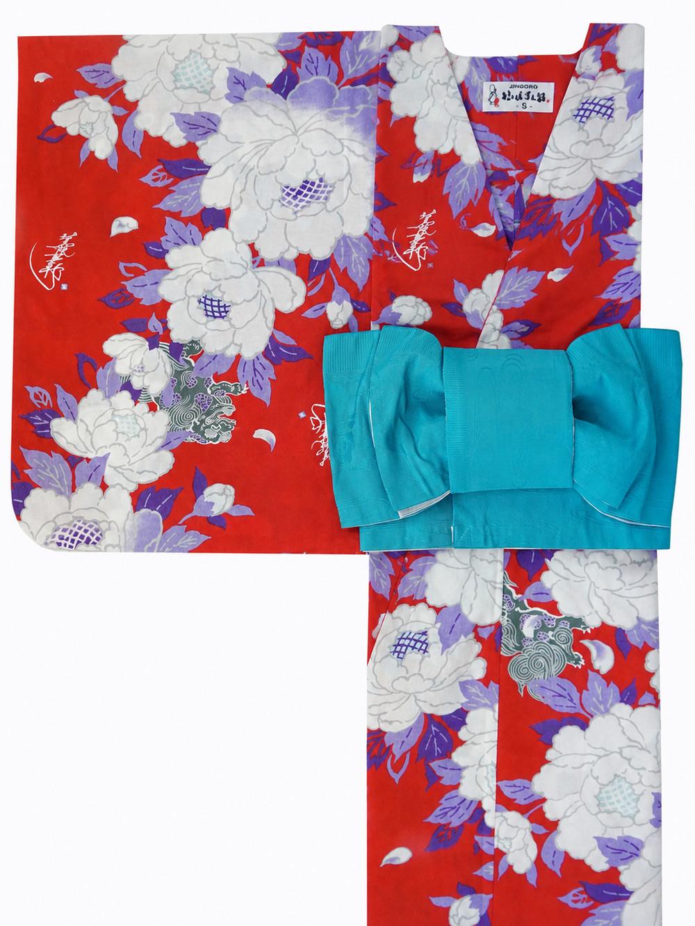帯が選べる! (衿なし) 浴衣〈華牡丹/赤〉　※浴衣単品 ¥13,200の画像