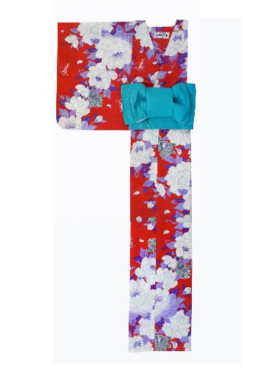 帯が選べる! (衿なし) 浴衣〈華牡丹/赤〉　※浴衣単品 ¥13,200の画像