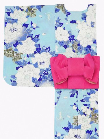 帯が選べる! (衿なし) 浴衣〈華牡丹/水色〉　※浴衣単品 ¥13,200の画像