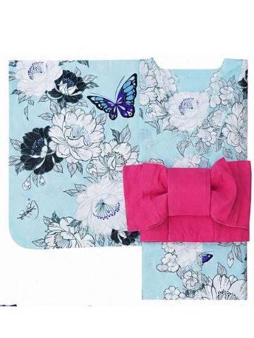 帯が選べる! (衿なし) 浴衣〈華蝶/水色〉　※浴衣単品 ¥13,200の画像