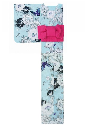 帯が選べる! (衿なし) 浴衣〈華蝶/水色〉　※浴衣単品 ¥13,200の画像