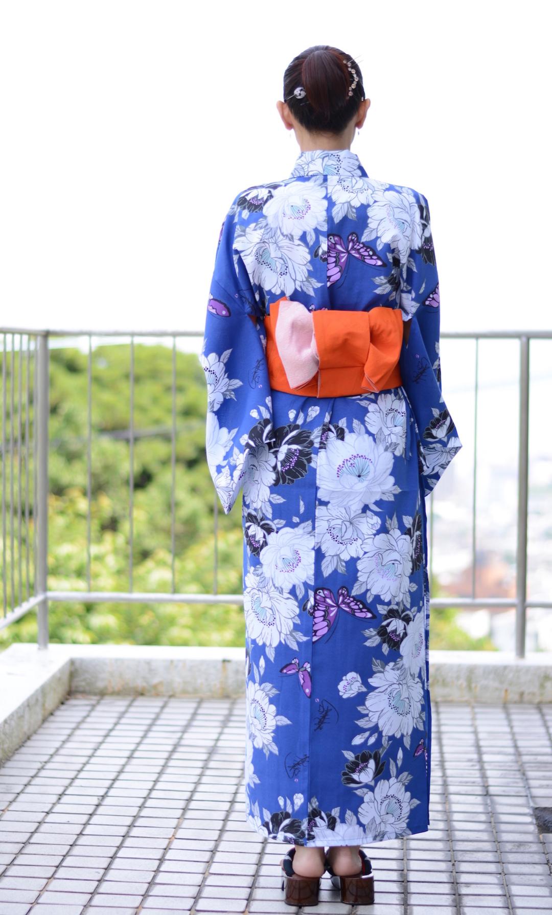帯が選べる! (衿あり) 浴衣〈華蝶/紺〉　※浴衣単品 ¥13,200の画像