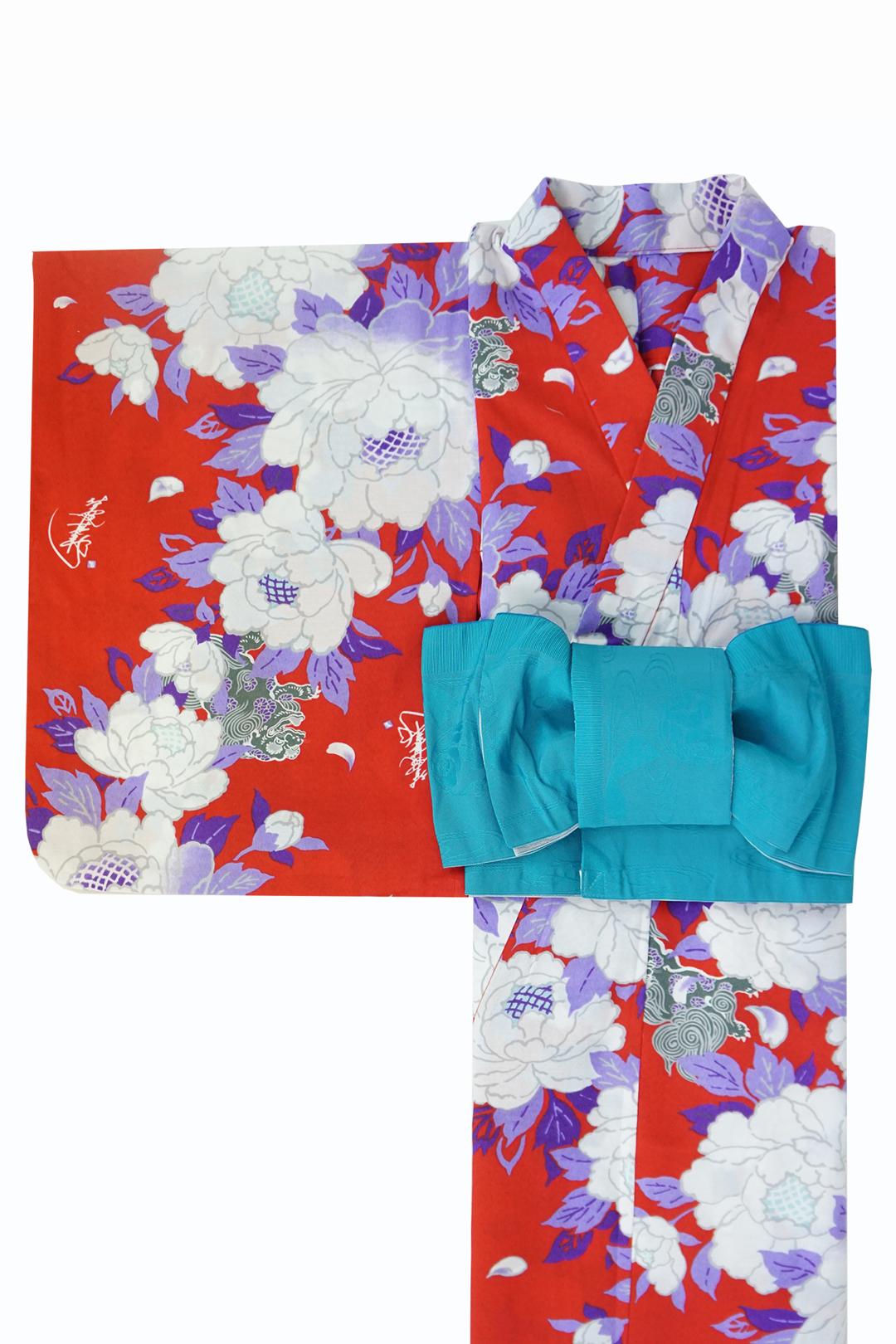 帯が選べる! (衿あり) 浴衣〈華牡丹/赤〉　※浴衣単品 ¥13,200の画像