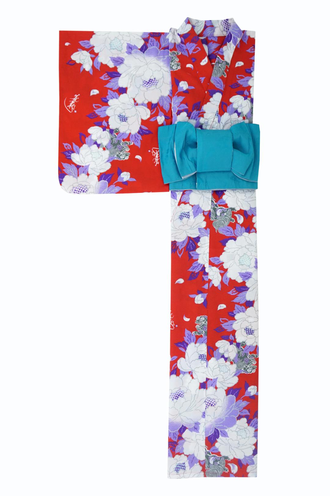 帯が選べる! (衿あり) 浴衣〈華牡丹/赤〉　※浴衣単品 ¥13,200の画像
