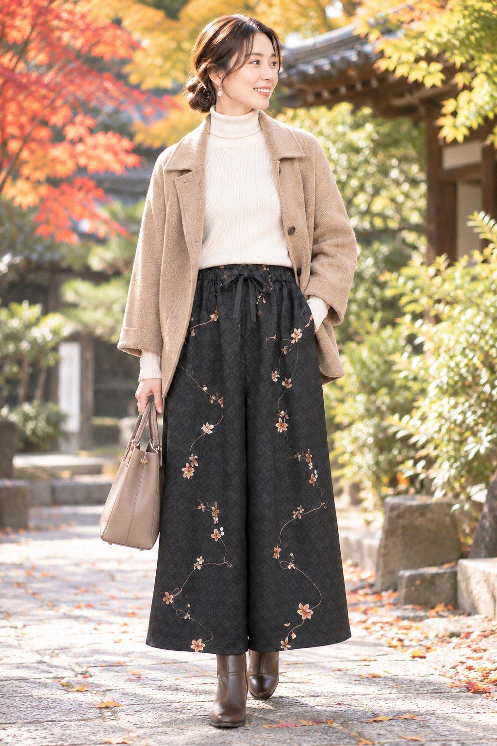 和柄ワイドパンツ　[花綴り 黒]　日本製の画像