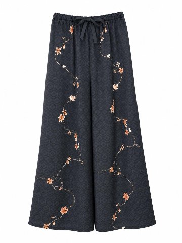 和柄ワイドパンツ　[花綴り 黒]　日本製の画像
