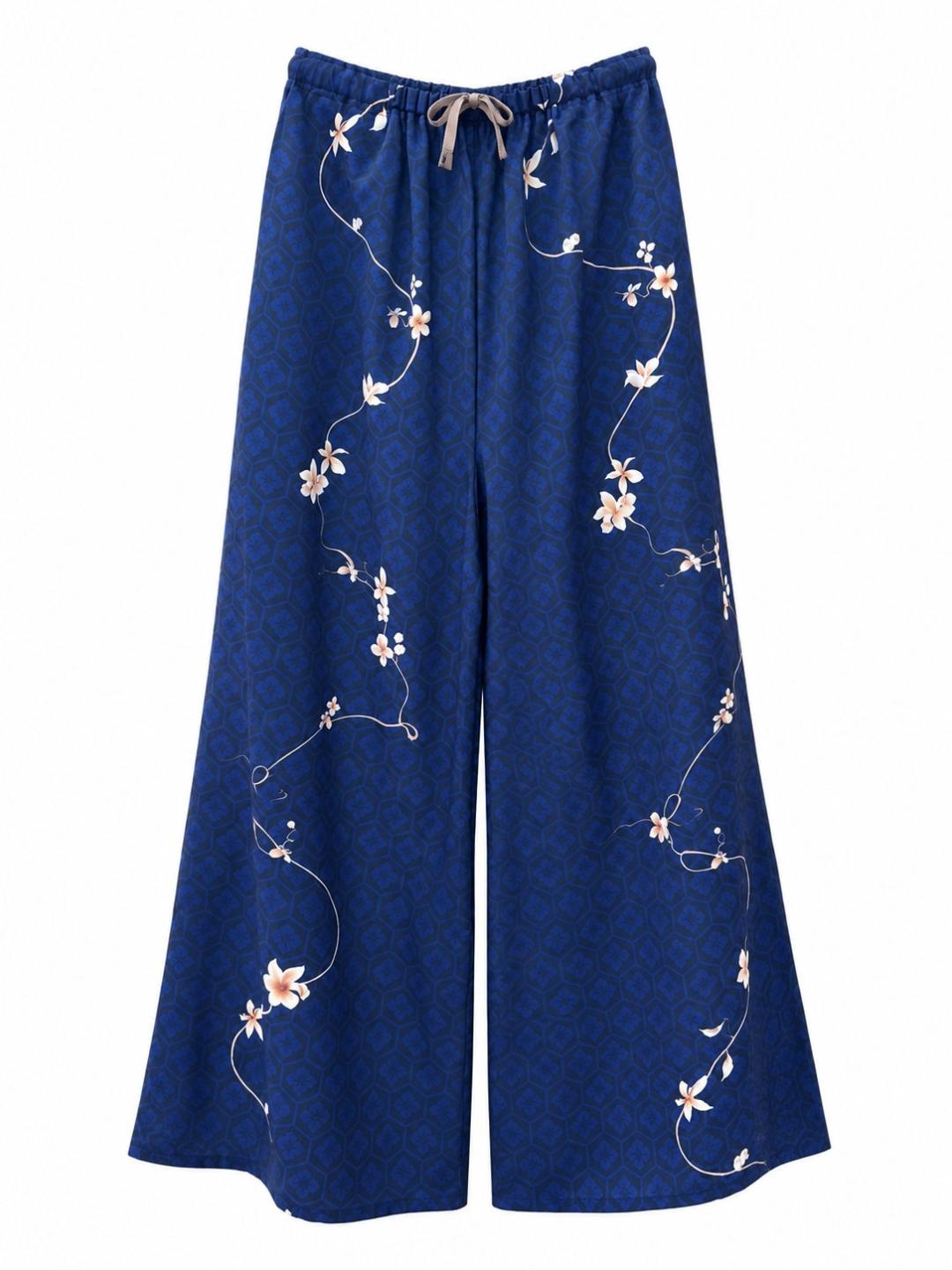 和柄ワイドパンツ　[花綴り 紺]　日本製の画像