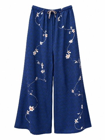 和柄ワイドパンツ　[花綴り 紺]　日本製の画像