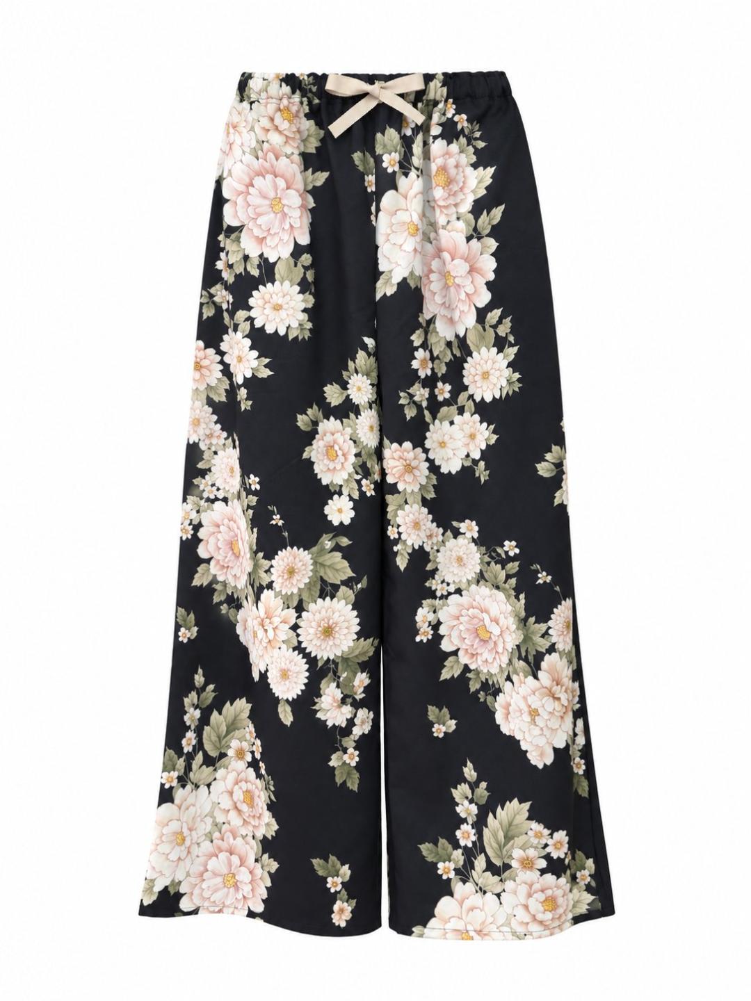 和柄ワイドパンツ　[大輪の花 黒]　日本製の画像